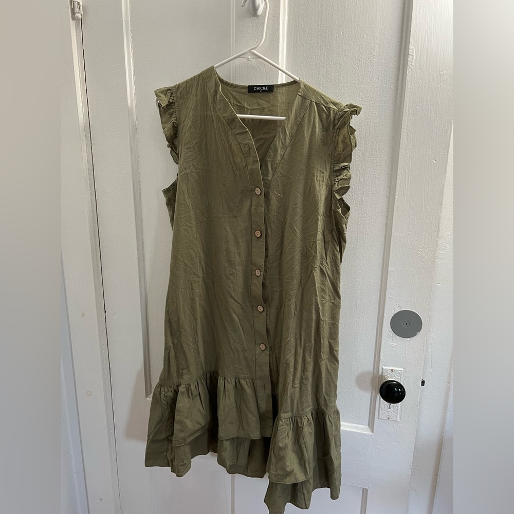 Womens green cotton dress with ruffle detail